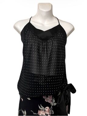 Black Sheer Polka Dot Sleeveless Satin Strappy Tie Sash Top Blouse M